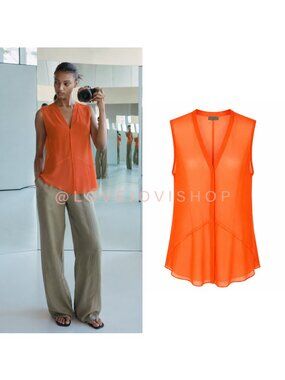 Runway | Helmut Lang Spring 2013 Sleeveless V-Neck Orange Silk Chiffon Top | SP